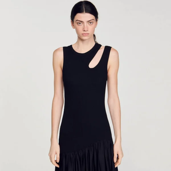 Sandro Paris Vestido Longo De Dois Materiais-Mulheres Vestidos