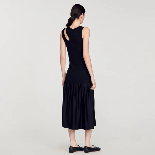Sandro Paris Vestido Longo De Dois Materiais-Mulheres Vestidos