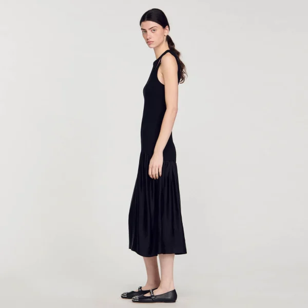 Sandro Paris Vestido Longo De Dois Materiais-Mulheres Vestidos