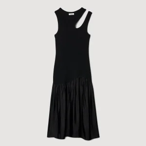 Sandro Paris Vestido Longo De Dois Materiais-Mulheres Vestidos