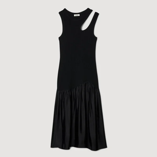 Sandro Paris Vestido Longo De Dois Materiais-Mulheres Vestidos