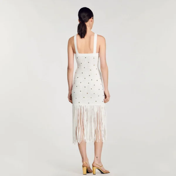 Sandro Paris Vestido Midi Com Franjas-Mulheres Vestidos